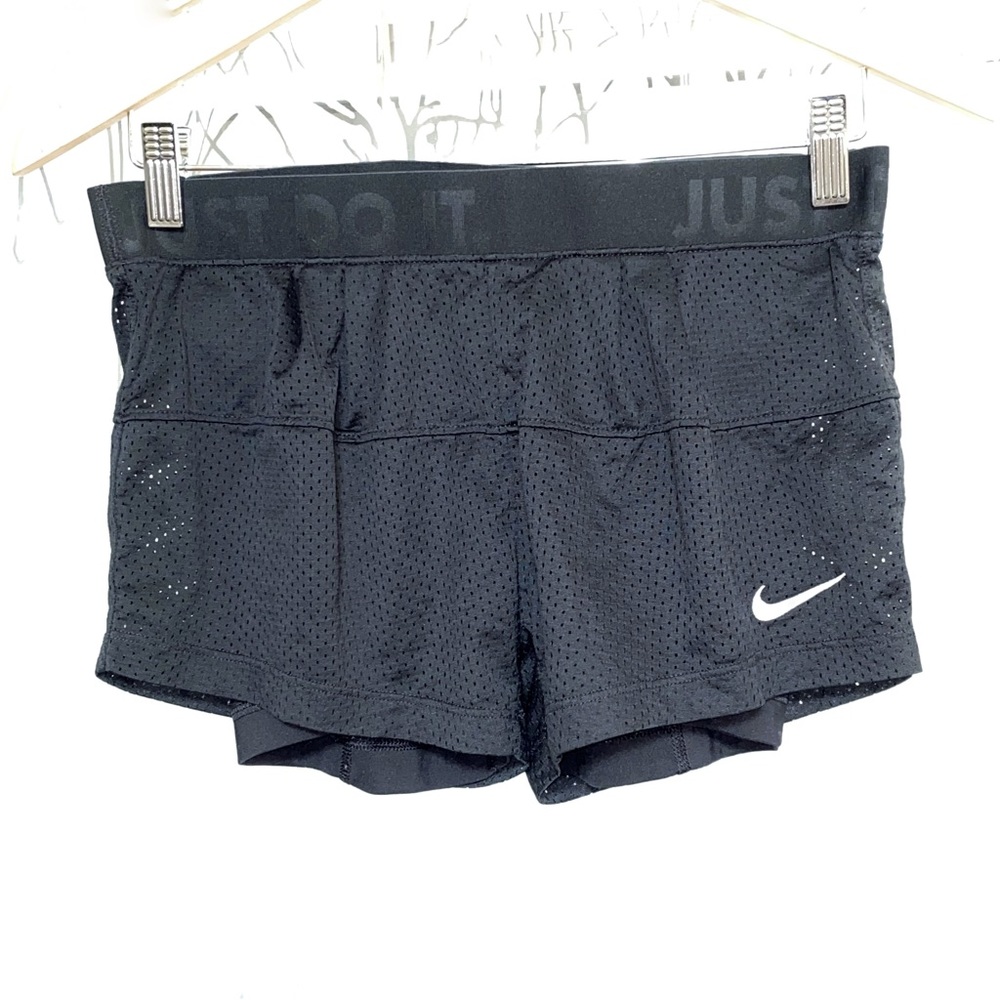 Nike Dri-fit black mesh loose outside tight spandex leg underneath layer shorts